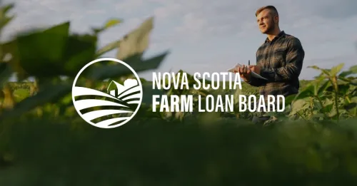 NS Farm Loan Board Logo over a photograph of a man in a field of crops, reviewing a document on a clipboard.