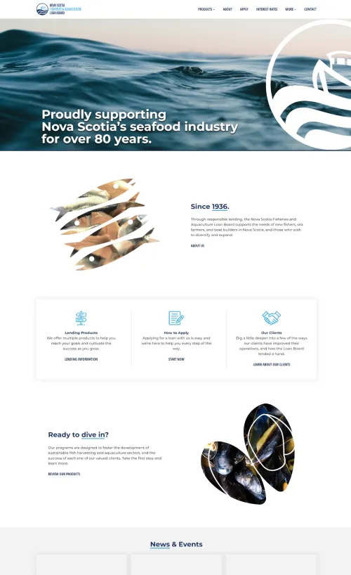 Full page screenshot of the NS Fisheries and Aquaculture Loan Board homepage.