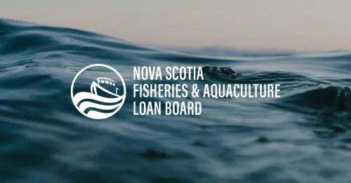 NS Fisheries and Aquaculture Loan Board Logo over a photograph of rolling ocean waves.
