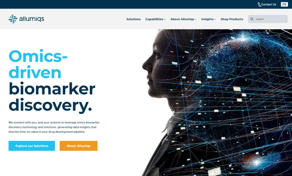 A screenshot of the newly launched allumiqs.com website. The headline being: Omics-driven biomarker discovery.